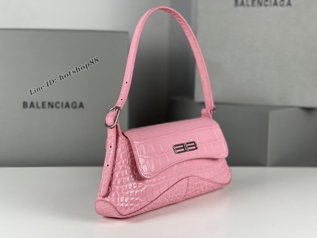 Balenciaga專櫃2022爆款小號鱷魚粉銀全皮肩背包 巴黎世家翻蓋腋下包 fyj1535